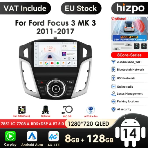 Ford Focus 2011-2015 Android autoraadio GPS | E-pood Tootemaailm Ford Focus 2011-2015 Android autoraadio GPS, hall ja must värv, puutetundlik ekraan, erinevad funktsioonid nagu Bluetooth ja Wi-Fi ning lisavõimalused nagu AI Voice Pro. Taustal toote omadused ja ikoonid.