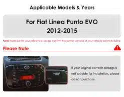 Fiat Linea Punto EVO 2012-2015 oma demostratsioon raadiot juhtpaneelil koos märgitud olulise teabega paigaldamise sobivuse kohta.