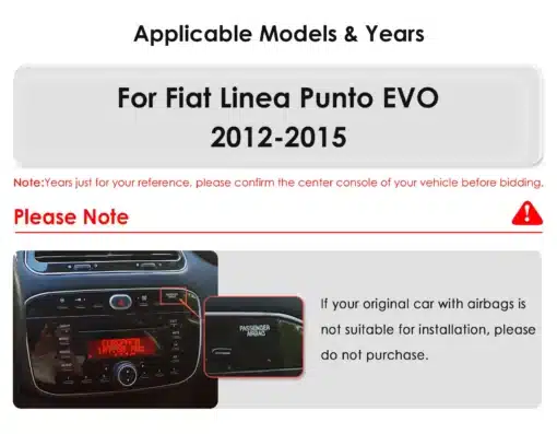 Fiat Linea Punto Android Auto CarPlay raadio GPS WiFi | E-pood Tootemaailm Fiat Linea Punto EVO 2012-2015 oma demostratsioon raadiot juhtpaneelil koos märgitud olulise teabega paigaldamise sobivuse kohta.