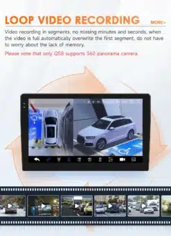 Android autoraadiod ekraan KIA Sportage (2010-2016) 2DIN, mis näitab kaamerasalvestuse ja GPSi funktsioone, mustal taustal koos oranži noolega siluetiga.