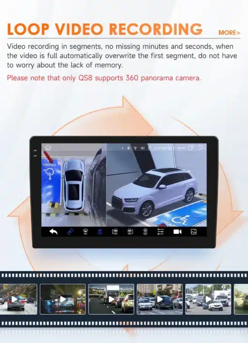 Android autoraadiod GPS ja WiFi KIA Sportage (2010-2016) 2DIN | E-pood Tootemaailm Android autoraadiod GPS ja WiFi KIA Sportage (2010-2016) 2DIN seadmega kuvatakse ekraanil videot koos loop-salvestuse funktsiooniga. Esiplaanil on must ekraan kahe erineva vaatega parklast ja teedel liikuvatest autodest. Taustal on hallikas varjund ning poolläbipaistev oranž nool näitab salvestuse tsüklit.