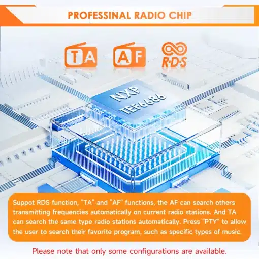 Professionaalne raadiokiip NXP TEF6686, mis on Mercedes Benz Vito W447 Android autoraadio CarPlay GPS süsteemi osa. Pilt kujutab kiipi ja selle funktsionaalsust RDS, TA ja AF ikoonide abil sinisel ja valgel tehnilisel taustal.