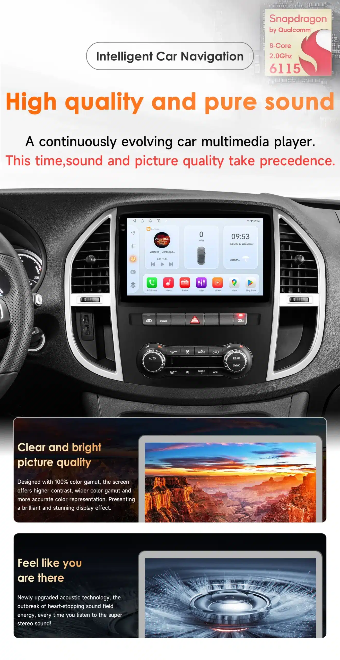 Mercedes Benz Vito W447 Android autoraadio CarPlay GPS esipaneeli vaade koos suure värvilise puutetundliku ekraaniga, mis kuvab erinevaid rakendusi rooli taga taustal autos.