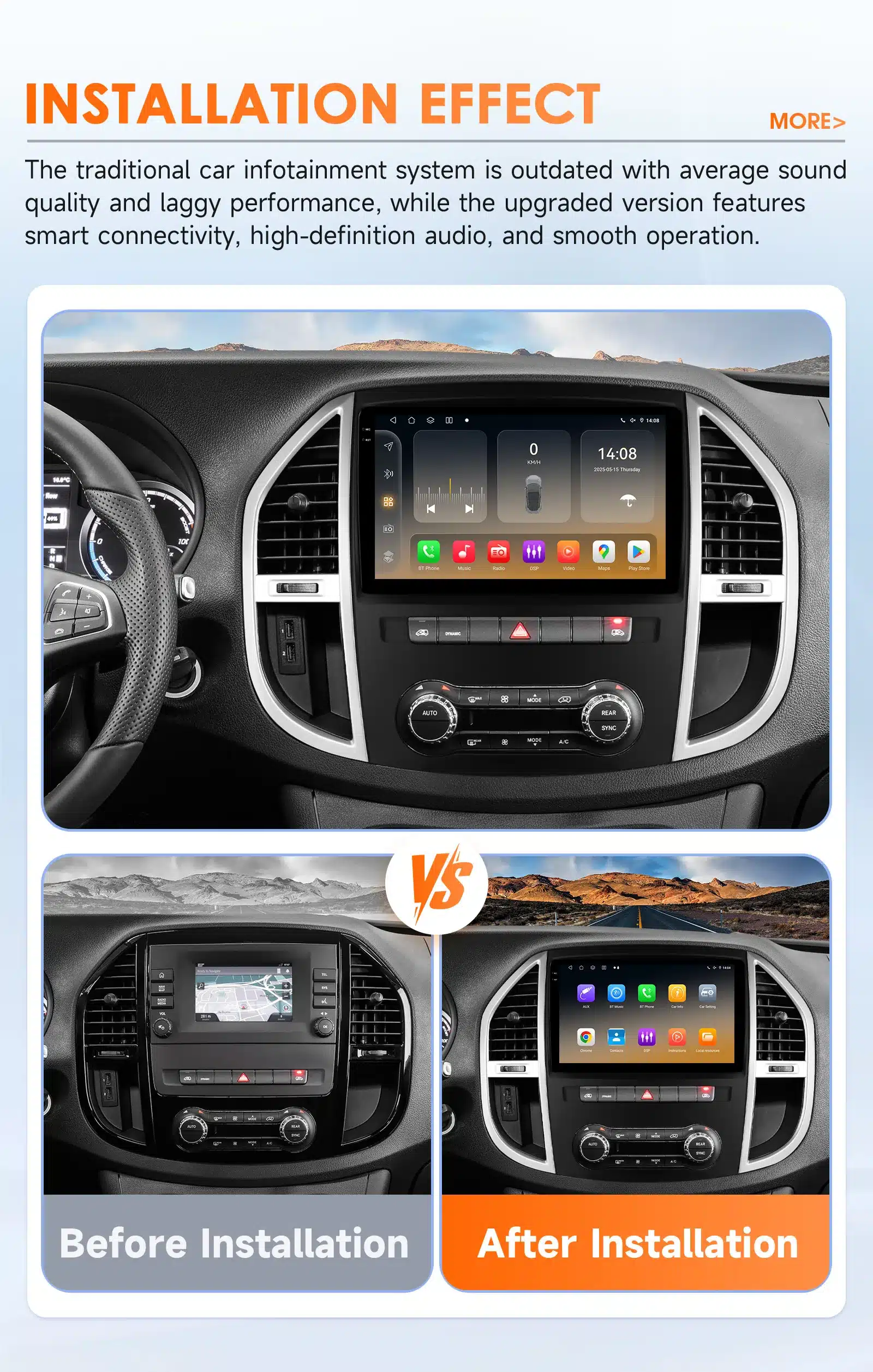 Mercedes Benz Vito W447 interjöör koos paigaldatud Android autoraadio CarPlay ja GPS süsteemiga, esitades modernse disainiga infotainment ekraani auto armatuurlaual. Paremal all näha enne ja pärast paigaldust erinevused.