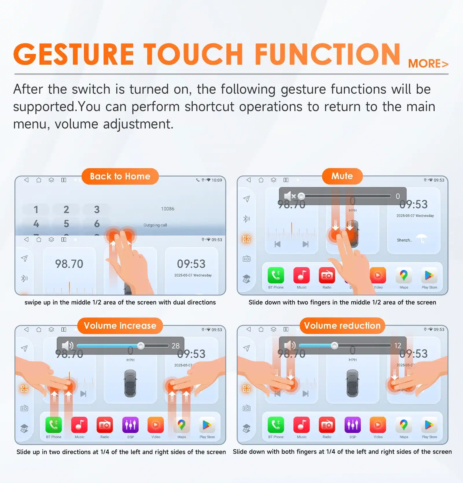 Graafiline esitlus Android autoraadio Mitsubishi ASX: CarPlay, GPS, 4G, 2DIN puudutuse žestide funktsioonidest, sealhulgas ekraani kerimine ja helitugevuse reguleerimine oranži ja halli värvipaleti taustal.