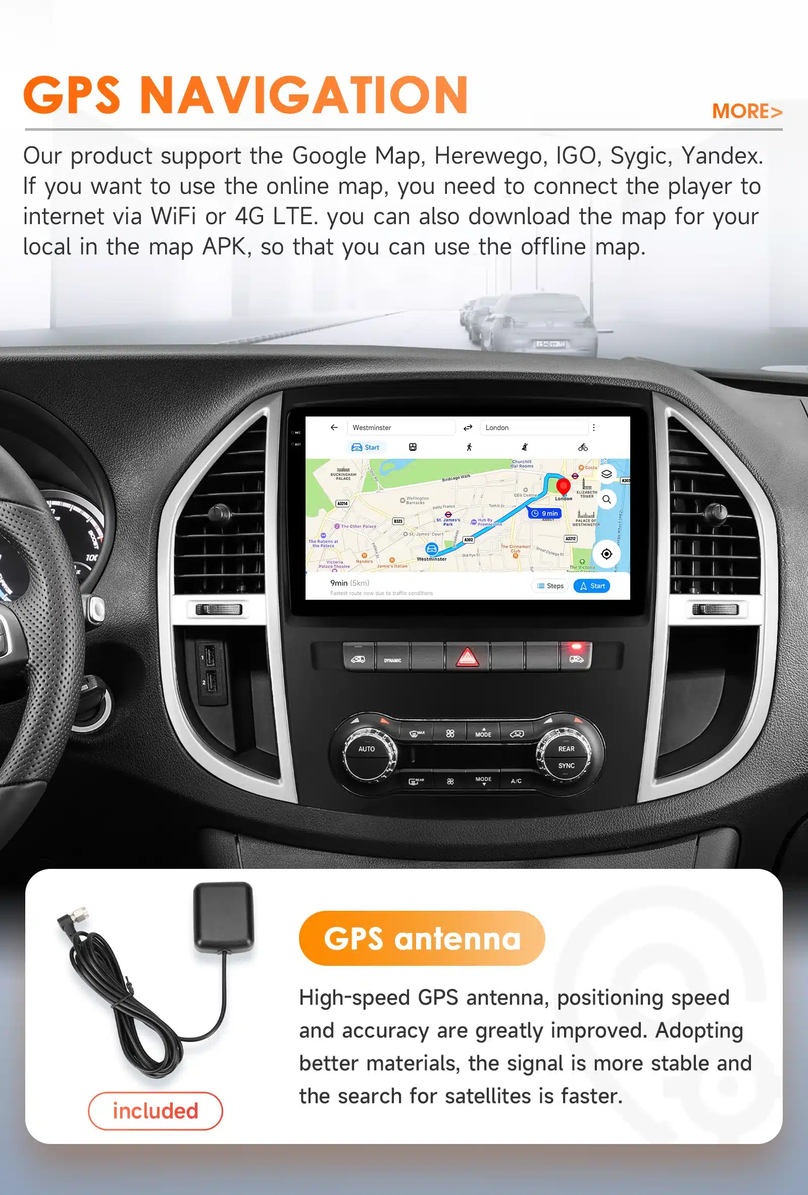 Mercedes Benz Vito W447 salong, kus on paigaldatud Android autoraadio koos CarPlay ja GPS-funktsioonidega. Ekraanil kuvatakse kaardivaade, auto keskkonsool on halli värvi, digitaalse navigeerimise ja juhtimisvõimalustega.