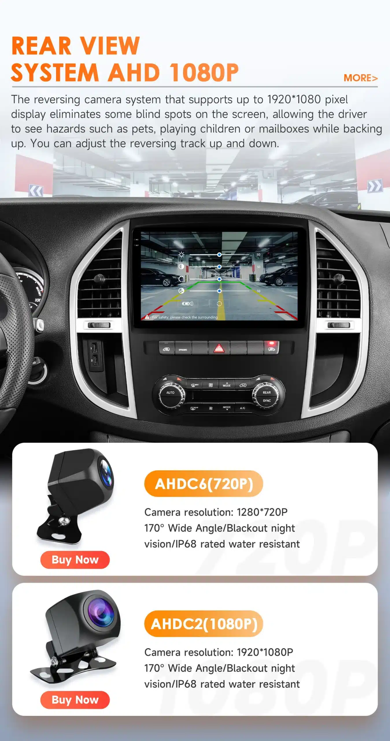 Mercedes Benz Vito W447 sisemus, kus keskkonsoolil on püstitatud Android autoraadio, mille ekraanil kuvatakse AHD 1080P tahavaatekaamera pildi. Pilt sisaldab veel kahte kaamerat, millel on 720P ja 1080P resolutsioon.