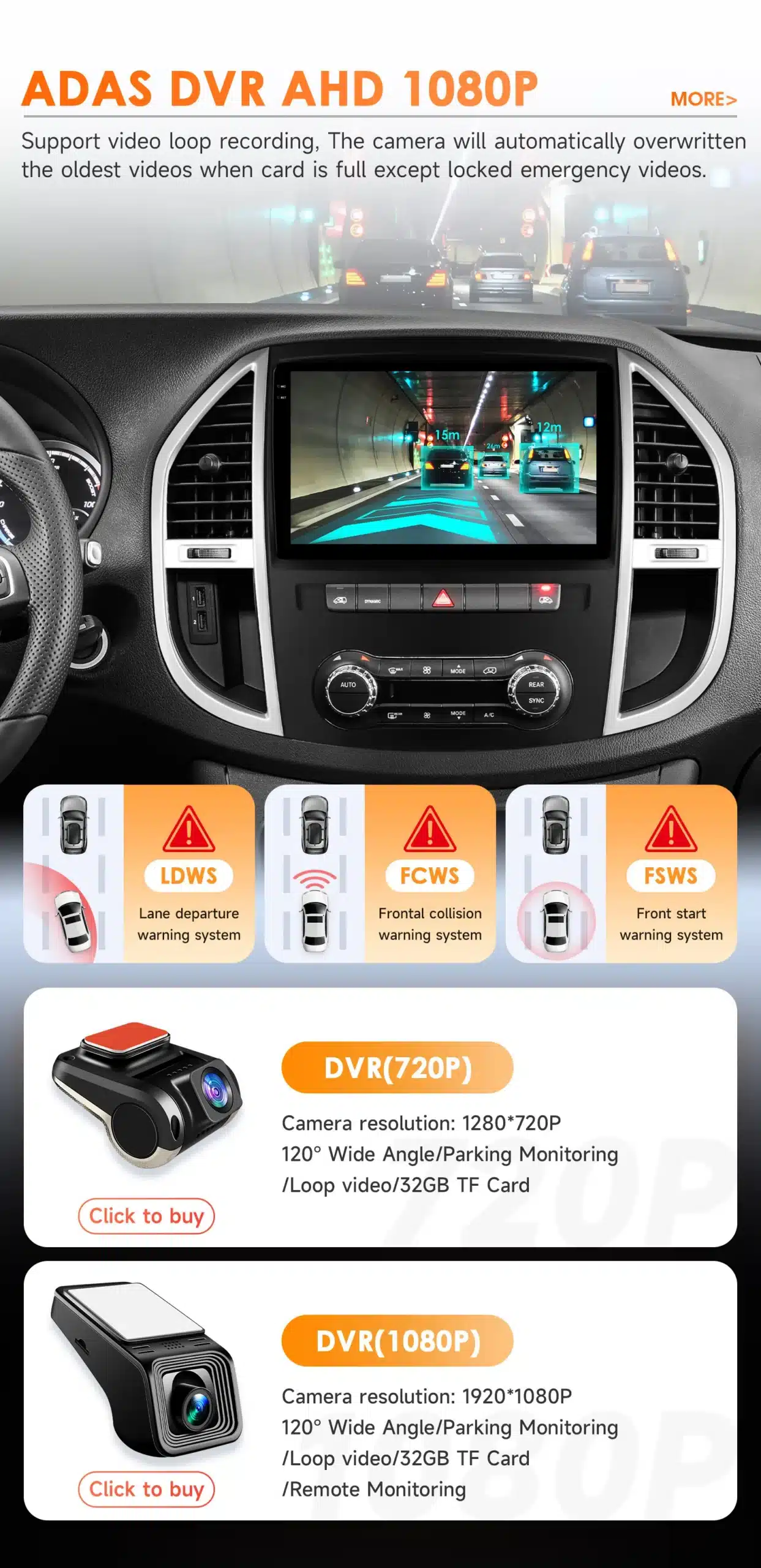 Mercedes Benz Vito W447 Android autoraadio CarPlay GPS ekraan, mis kuvab ADAS süsteemi hoiatust ja liikluseindikaatoreid tunnelis. Ekraani ümber on auto juhipaneel koos nuppude ja AV juhtpaneeliga.