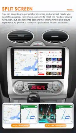 Android autoraadio GPS navigatsioon Ford Focus 2004-2011 koos poolitatud ekraaniga, mis kuvab kaardirakendust ja YouTube'i avakuva. Raadio on paigaldatud auto armatuurlauale, kus on hõbedane viimistlus ja must puutetundlik ekraan.