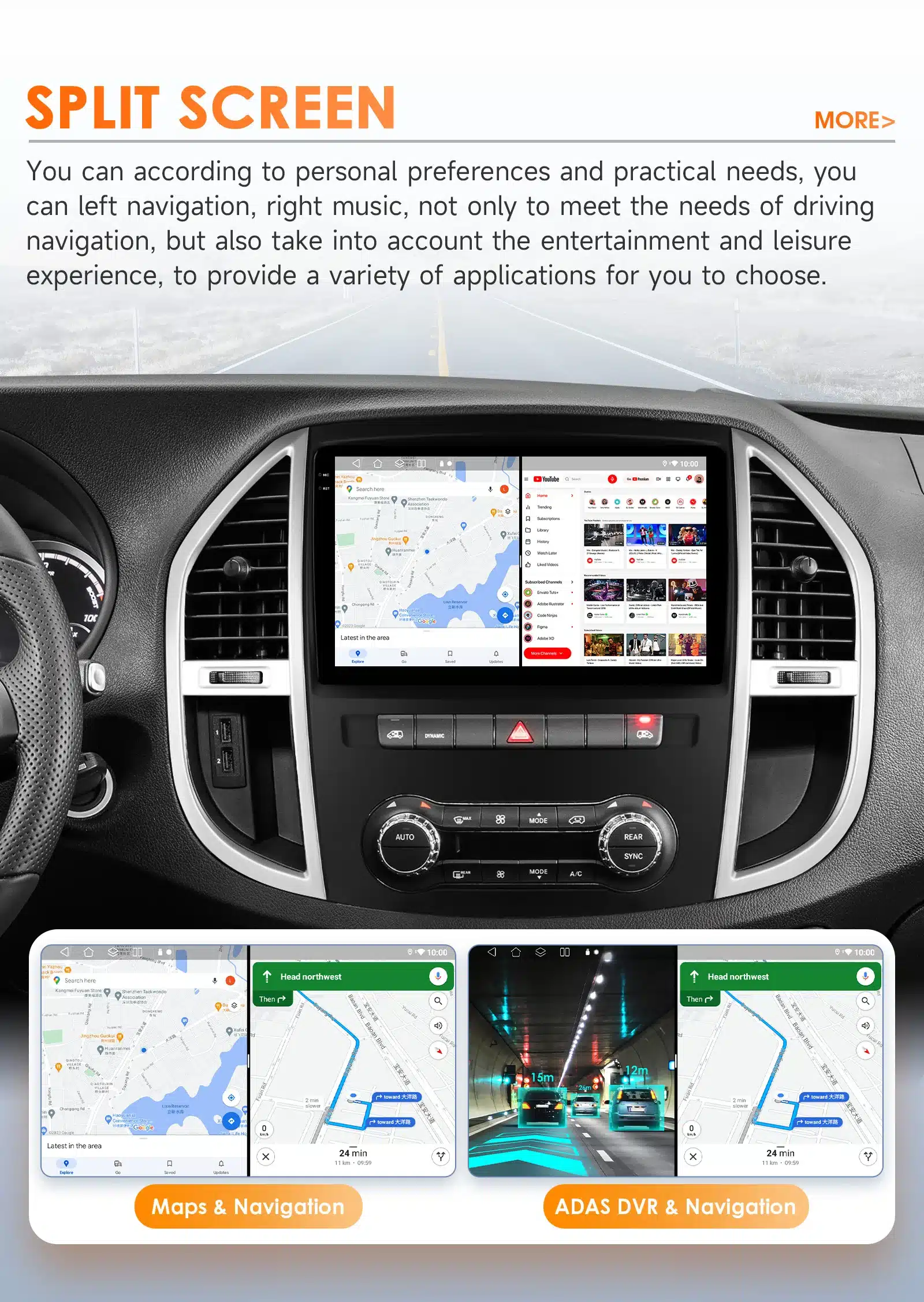 Mercedes Benz Vito W447 Android autoraadio CarPlay GPS kuvatuna autosalongis, jagatud ekraanil kaartide ja Youtube rakendusega, hallid ja mustad toonid, nahkkattega rool kõrval.