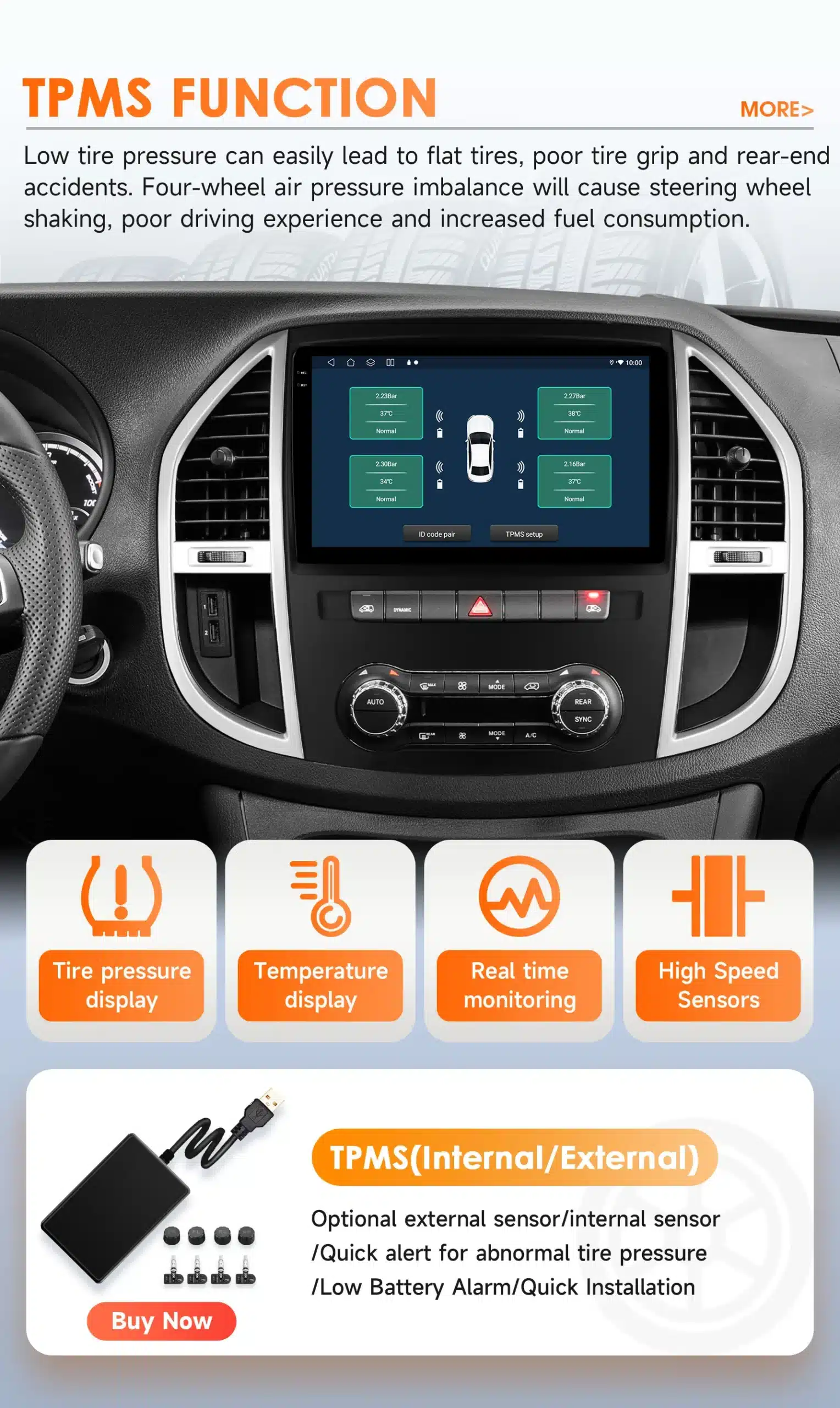 Mercedes Benz Vito W447 Android autoraadio CarPlay GPS ja TPM-süsteemi funktsioonid armatuurlaual, rõhu ja temperatuuri jälgimine reaalajas koos kiire häiresüsteemiga.