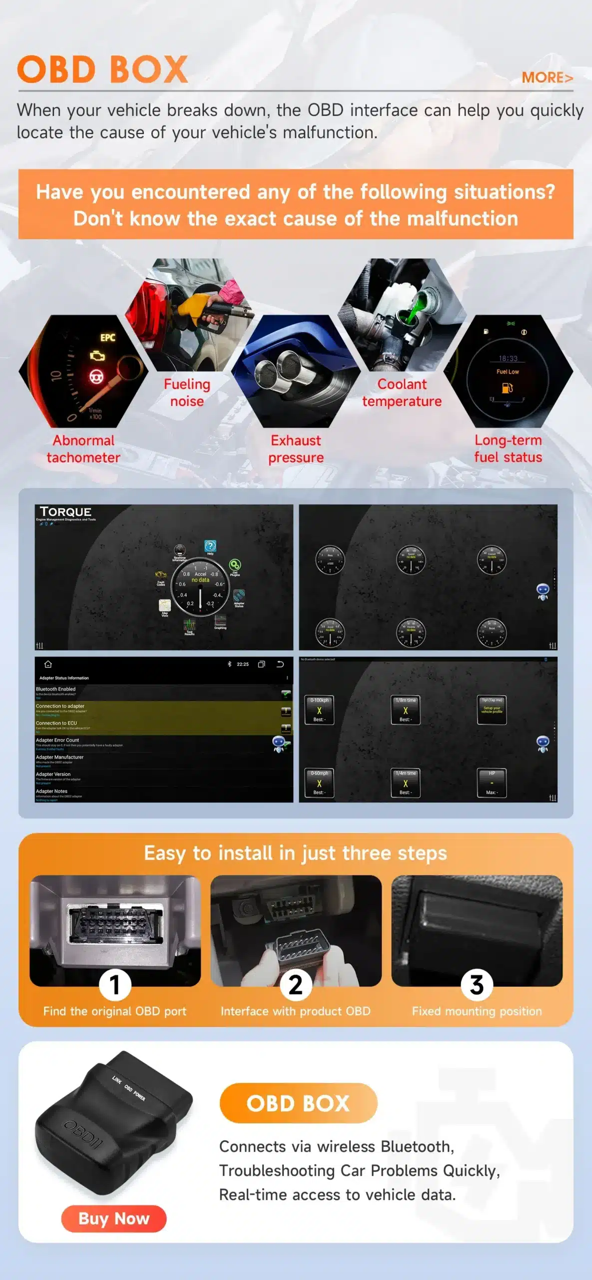 Infoleht, mis tutvustab OBD Box'i omadusi ja võimalusi sõiduki rikke tuvastamiseks. Mitmed pildid, sealhulgas OBD pordi ühendusprotsessi etapid ja graafilised esitlused seotud andmetest.