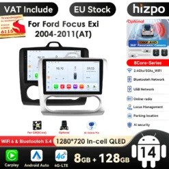 Kaks Android autoraadiot GPS navigatsiooniga, mis sobivad Ford Focus 2004-2011 mudelile. Must ja hõbedane raam ning kergesti loetav ekraan esipaneelil. Ekraanil on nähtav erinevaid navigatsiooni ja meedia ikoone. Pildil on ka teave toote omaduste kohta, nagu 8GB RAM ja 128GB salvestusruum, 4G-LTE ja Bluetooth tugi.