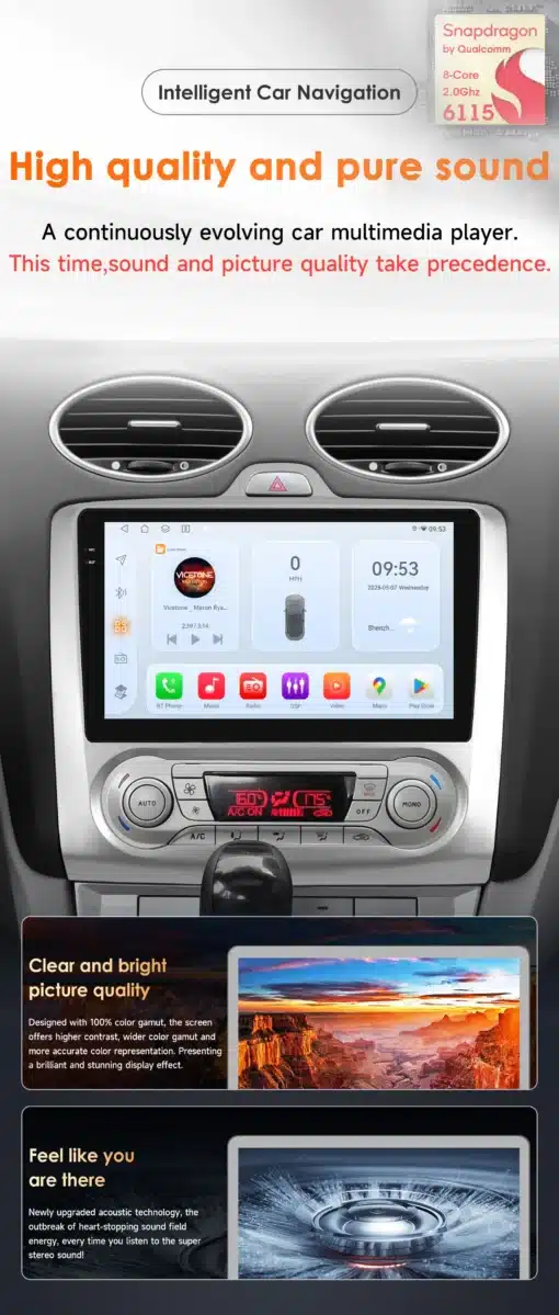 Android autoraadio GPS navigatsioon Ford Focus 2004-2011 on paigaldatud auto armatuurlauale, kuvades navigatsioonikaardi ja multimeedia heliseadeid ekraanil. Seade on hõbedase raami sees ja allpool paiknevad kliimakontrolli nupud. Foto taustaks on autosalongi hall ja must disain.