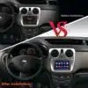Android autoraadio Renault Dacia Lada GPS | E-pood Tootemaailm Pilt näitab autot, milles on Renault Dacia Lada armatuurlauale paigaldatud Android autoraadio GPS. Vasakul pool on olemasolev raadio, paremal pool uue suure puutetundliku ekraaniga seadme paigaldamise järel. Salong on tumedates toonides.