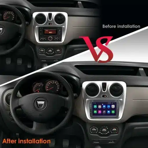 Android autoraadio Renault Dacia Lada GPS | E-pood Tootemaailm Pilt näitab autot, milles on Renault Dacia Lada armatuurlauale paigaldatud Android autoraadio GPS. Vasakul pool on olemasolev raadio, paremal pool uue suure puutetundliku ekraaniga seadme paigaldamise järel. Salong on tumedates toonides.