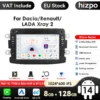 Android autoraadio Renault Dacia Lada GPS | E-pood Tootemaailm Android autoraadio kuvaga, sobilik Renault, Dacia ja Lada autodele, ekraanil GPS ja mitmed rakendused, must plastik raam, ikoonid näitavad ühendusvõimalusi ja funktsioone. Tootel märgitud 8-tuumaline protsessor, 8GB RAM ja 128GB mälu.