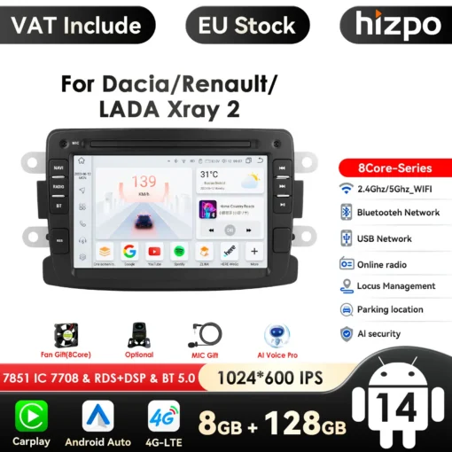 Android autoraadio Renault Dacia Lada GPS | E-pood Tootemaailm Android autoraadio kuvaga, sobilik Renault, Dacia ja Lada autodele, ekraanil GPS ja mitmed rakendused, must plastik raam, ikoonid näitavad ühendusvõimalusi ja funktsioone. Tootel märgitud 8-tuumaline protsessor, 8GB RAM ja 128GB mälu.