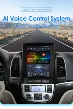 Android autoraadio CarPlay Hyundai Santa Fe II (2006-2012) on elegantse musta esipaneeliga, mis sobib ideaalselt auto armatuurlauale. Sellel on suur puutetundlik ekraan, mis kuvab kasutajasõbralikku liidest koos ilmastiku, muusika ja navigatsiooni rakendustega. Taustal paistab avatud maantee mägedega.