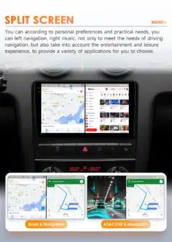Autodetailid, ekraan kuvamas Android 14 autoraadio GPS ja Bluetoothi, mis on paigaldatud Audi A3 S3 RS3 armatuurlaua keskele. Pildil on jagatud ekraan, millel on navigatsioonikaart ja meelelahutusrakendused. Taustal aimatav autosalong.