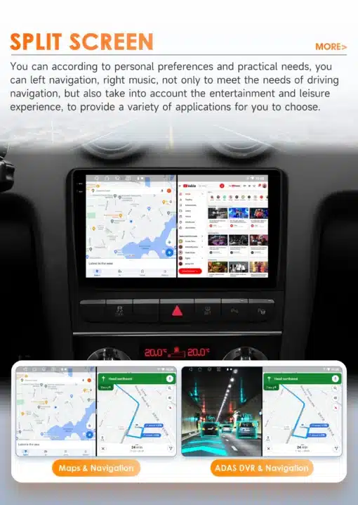 Autodetailid, ekraan kuvamas Android 14 autoraadio GPS ja Bluetoothi, mis on paigaldatud Audi A3 S3 RS3 armatuurlaua keskele. Pildil on jagatud ekraan, millel on navigatsioonikaart ja meelelahutusrakendused. Taustal aimatav autosalong.
