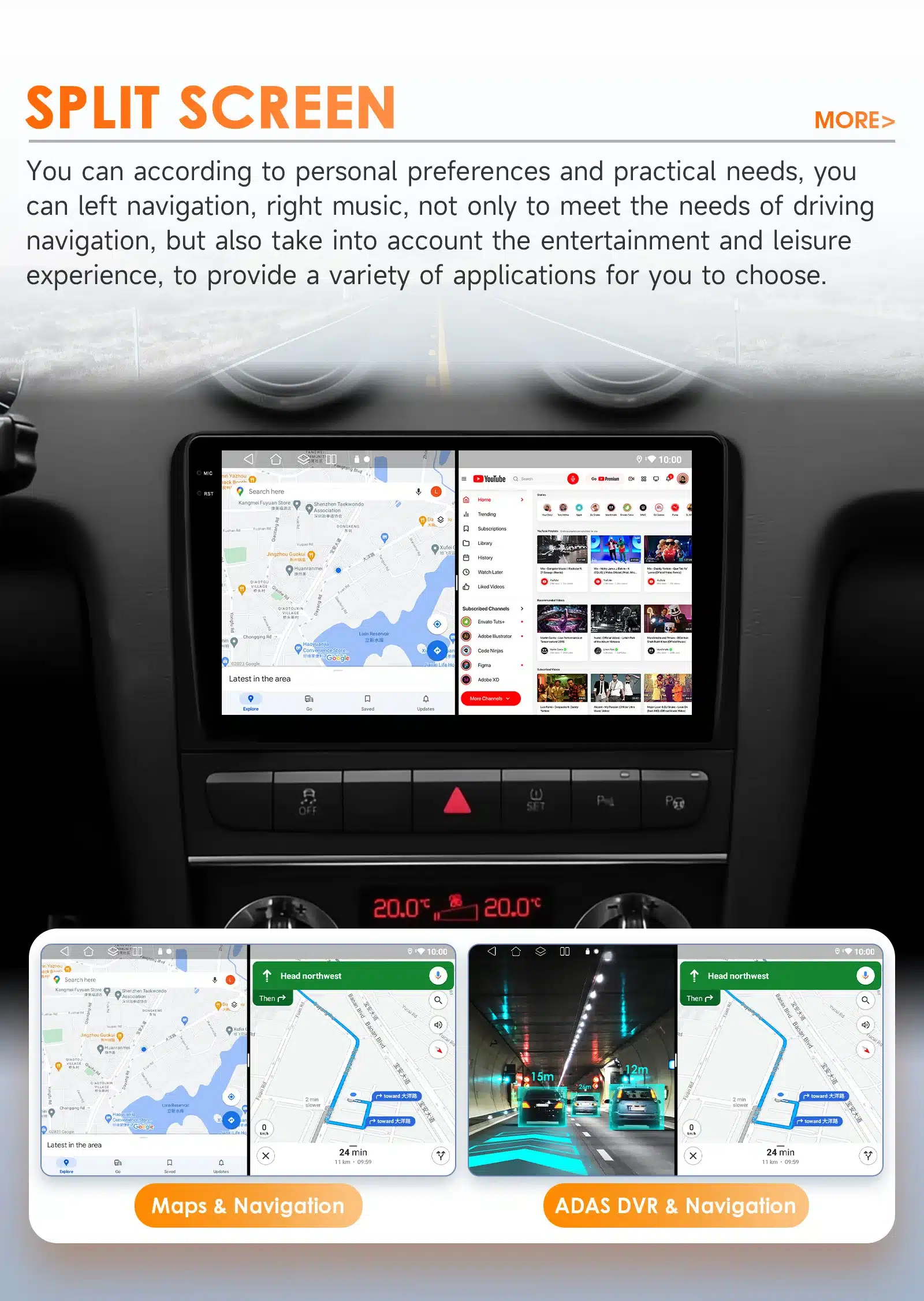 Autodetailid, ekraan kuvamas Android 14 autoraadio GPS ja Bluetoothi, mis on paigaldatud Audi A3 S3 RS3 armatuurlaua keskele. Pildil on jagatud ekraan, millel on navigatsioonikaart ja meelelahutusrakendused. Taustal aimatav autosalong.