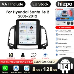 Android autoraadio CarPlay Hyundai Santa Fe II (2006-2012) jaoks. Musta raamiga suur puutetundlik ekraan kuvab multimeedia valikut, sealhulgas muusika ja navigatsiooni rakendused. Ekraan asub minimalistlikul taustal koos ikoonidega, mis näitavad lisafunktsioone nagu Bluetooth ja Wi-Fi.