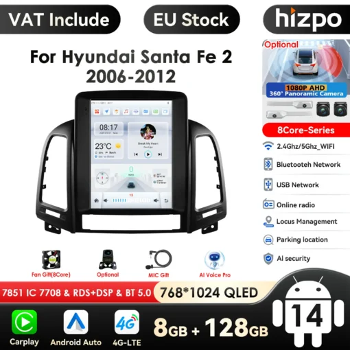 Android autoraadio CarPlay Hyundai Santa Fe II (2006-2012) jaoks. Musta raamiga suur puutetundlik ekraan kuvab multimeedia valikut, sealhulgas muusika ja navigatsiooni rakendused. Ekraan asub minimalistlikul taustal koos ikoonidega, mis näitavad lisafunktsioone nagu Bluetooth ja Wi-Fi.