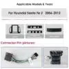 Komponentide komplekt, sealhulgas raami ja pistikupesa, mis sobib Android autoraadio CarPlay Hyundai Santa Fe II (2006-2012) jaoks. Näidatud erinevad osad valgel taustal, sealhulgas raam ja ühenduskaablid.