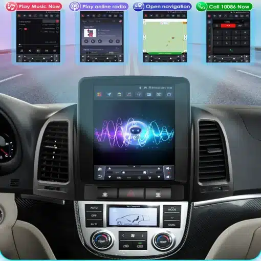 Auton armatuurlaual asuv Android autoraadio CarPlay Hyundai Santa Fe II (2006-2012) koos modernse ekraaniga, millel kuvatakse muusika, online raadio ja navigatsioon. Ekraan on elava graafikaga ja ümbritsetud sõiduki ventilatsiooniavadest.