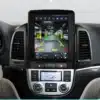 Android autoraadio CarPlay, ekraanil parkimisabi pilt, paigaldatud Hyundai Santa Fe II 2006-2012 armatuurlauale, must raam, digitaalne puuteekraan.