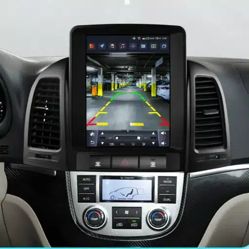 Android autoraadio CarPlay, ekraanil parkimisabi pilt, paigaldatud Hyundai Santa Fe II 2006-2012 armatuurlauale, must raam, digitaalne puuteekraan.