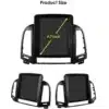Android autoraadio CarPlay Hyundai Santa Fe II (2006-2012) koos 9.7-tollise ekraaniga, musta raamiga. Pilt näitab eri vaateid raadio paigaldamiseks autosse. Ekraan on mustal taustal esitatud koos suuruse näidikuga.