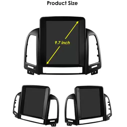 Android autoraadio CarPlay Hyundai Santa Fe II (2006-2012) koos 9.7-tollise ekraaniga, musta raamiga. Pilt näitab eri vaateid raadio paigaldamiseks autosse. Ekraan on mustal taustal esitatud koos suuruse näidikuga.