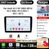 Android 14 autoraadio koos GPS ja Bluetooth funktsionaalsusega, mõeldud Audi A3, S3 ja RS3 mudelitele. Raadio näitab 1280x720 resolutsiooni ekraani ja sisaldab Wifi 6 ja Bluetooth 5.4 tehnoloogiat. Pilt sisaldab ka Snapdragon protsessorit, USB võrguühendust ja erinevaid multimeedia võimalusi.