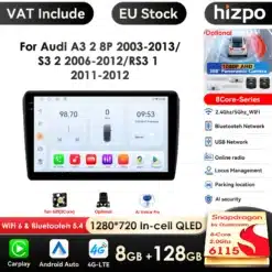 Android 14 autoraadio koos GPS ja Bluetooth funktsionaalsusega, mõeldud Audi A3, S3 ja RS3 mudelitele. Raadio näitab 1280x720 resolutsiooni ekraani ja sisaldab Wifi 6 ja Bluetooth 5.4 tehnoloogiat. Pilt sisaldab ka Snapdragon protsessorit, USB võrguühendust ja erinevaid multimeedia võimalusi.