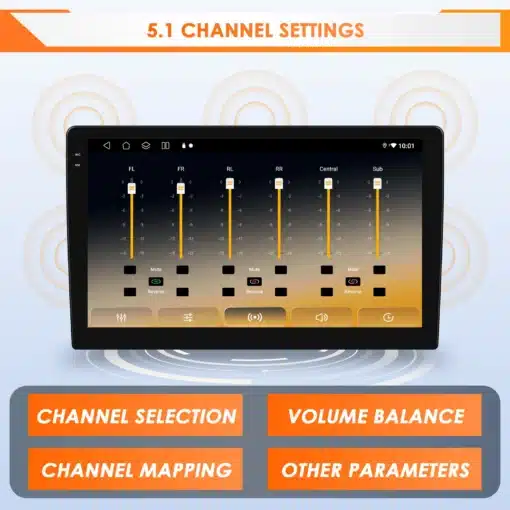 Auto navi ja stereo multimeedia ekraan Ford Mustangile kuvab 5.1 kanaliseadete menüüd, mille foon on gradientne must ja oranž, kuvatud reguleerimisribade ja helitugevuse nuppudega, taustal valguslainete graafika.