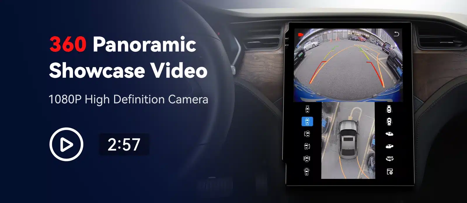 Android autoraadiod GPS ja WiFi KIA Sportage (2010-2016) 2DIN ekraanil kuvatakse 1080P kõrglahutusega kaamerapilt koos 360-kraadise vaatega auto ümbrusele, tagurdusjoonte ja erinevate ikoonidega.