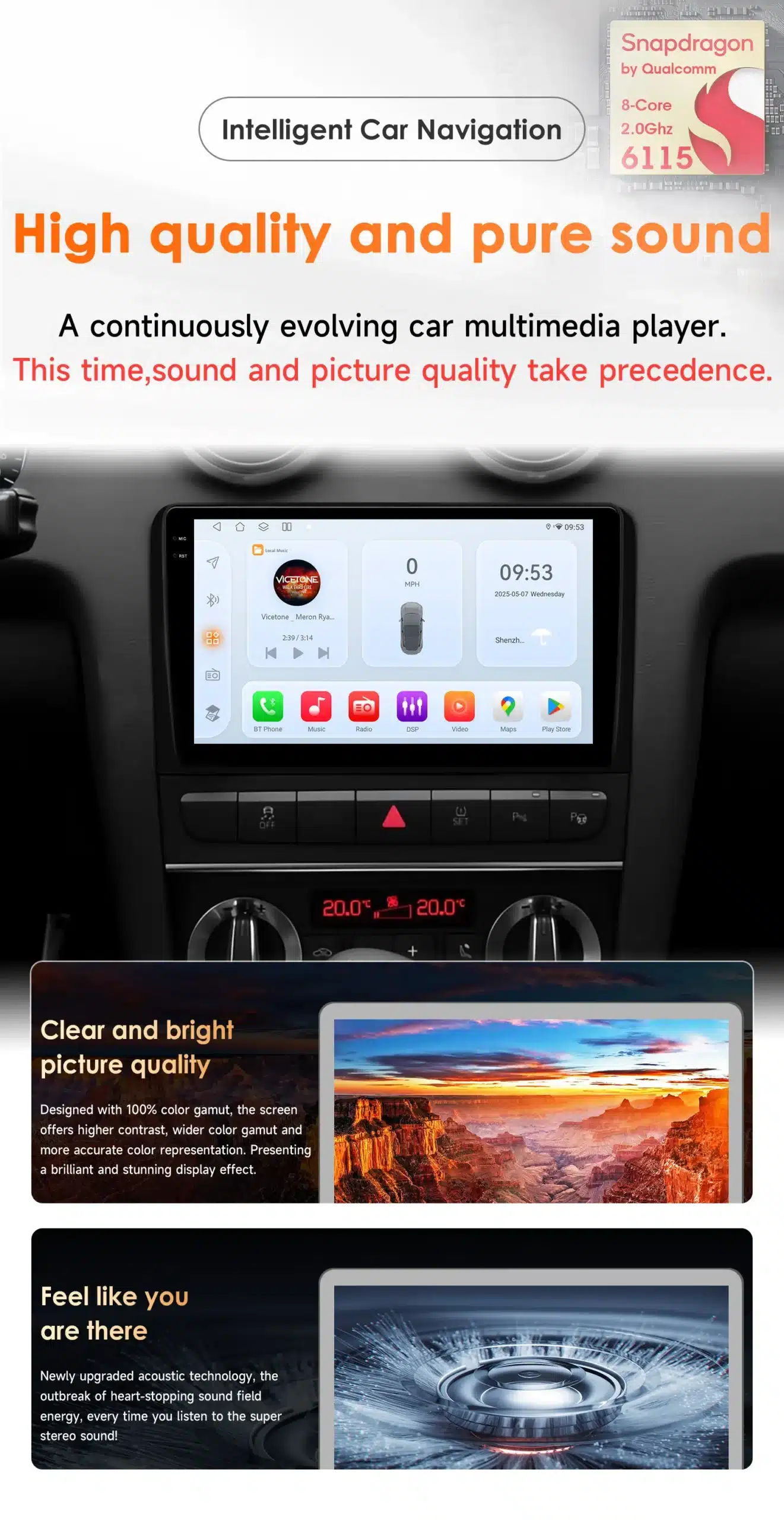 Android 14 autoraadio GPS Bluetooth Audi A3 S3 RS3-le elegantse musta esipaneeliga, millel kuvatakse suurel ekraanil multimeedia navigatsiooni- ja helifunktsioone. Taustal metallist armatuurlaud ja puhtad jooned.