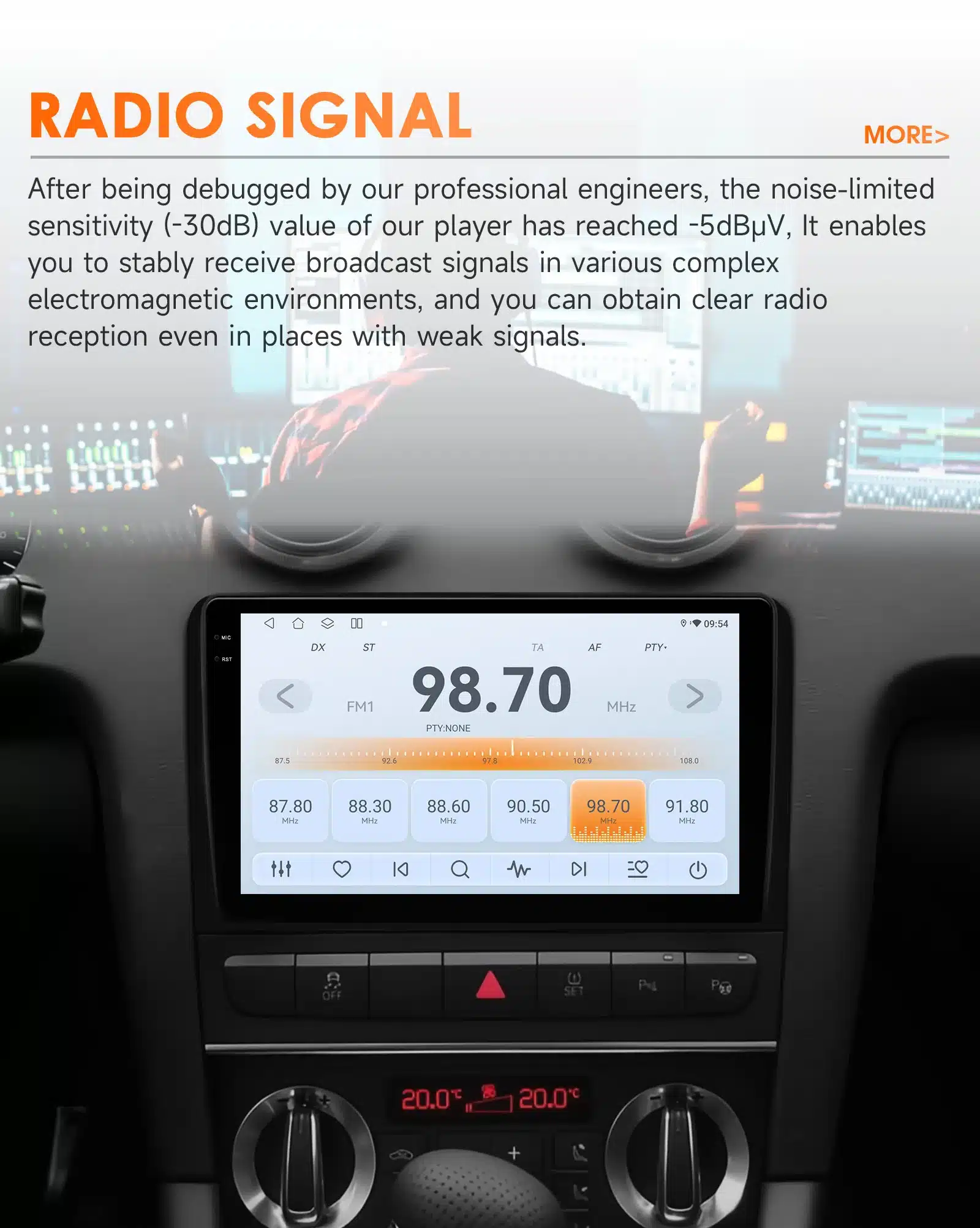 Esiarmatuurlaual olev Android 14 autoraadio GPS Bluetooth Audi A3 S3 RS3-le, mille ekraanil kuvatakse sagedused ja juhtnupud ning taustal on näha valgusefekte.