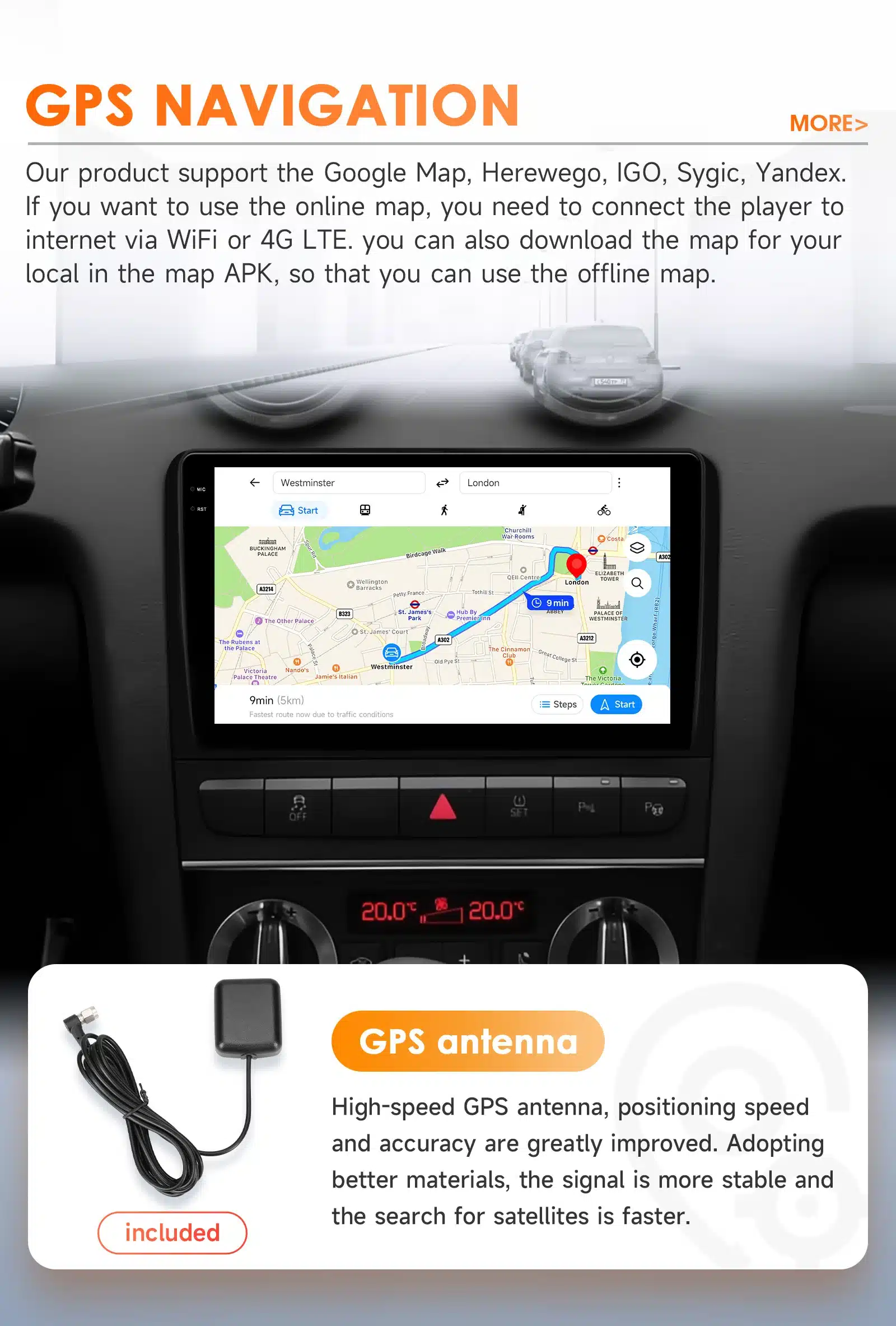 Armatuurlaual asuv Android 14 autoraadio GPS Bluetooth Audi A3 S3 RS3-le, mis kuvab selget navigatsioonikaarti ja sisaldab juurde kuuluvat GPS-antenni.