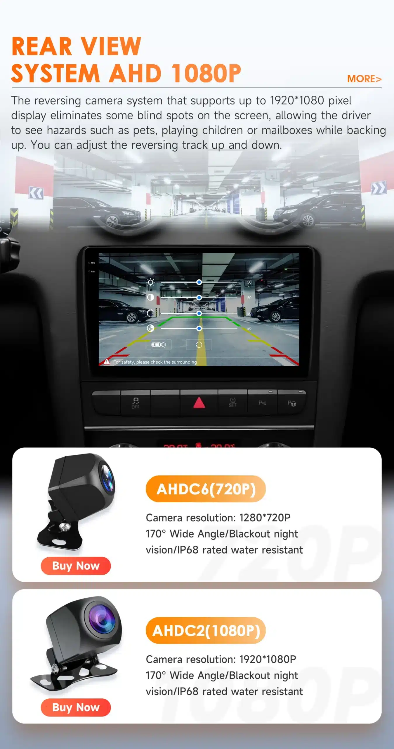 Android 14 autoraadio GPS Bluetooth Audi A3 S3 RS3-le, millel on AHD 1080P tagasivaatamise süsteem ja ekraanil kuvatud parkimisjooned. Pildil on kaamerad erinevate resolutsioonide ja öövaatluse võimalusega.