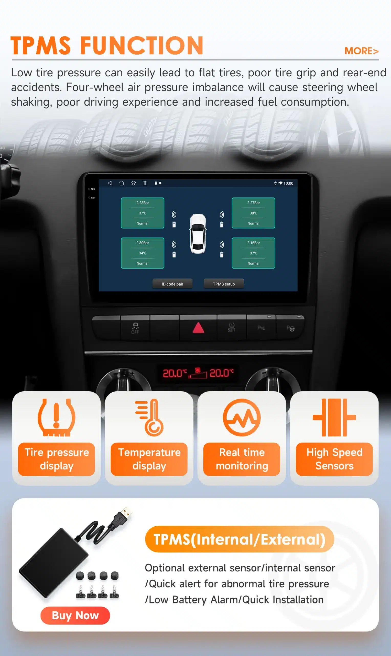 Modernne Android 14 autoraadio, mis kuvab GPS ja Bluetooth funktsioone Audi A3 S3 RS3-le koos TPMS funktsiooni ekraanil, musta värvi seadme taustal keskkonsoolil.