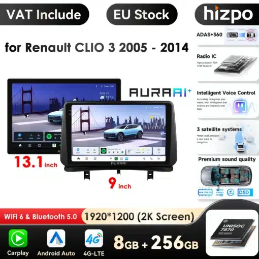 Android multimeediakeskus Renault Clio 3-le, sisaldab suurt 13.1-tollist 2K ekraani ja 9-tollist ekraani. Toode pakub Wifi 6, Bluetooth 5.0, intelligentset hääljuhtimist ja 3 satelliidisüsteemi täpset navigeerimist. Kuulub EU laoseisu ja sisaldab käibemaksu.
