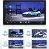 Android multimeediakeskus Renault Clio 3-le näitab suurel ekraanil sinise auto virtuaalset mudelit koos erinevate kohandamisvõimalustega nagu värv, rattad ja aknad, taustal linnasiluett.