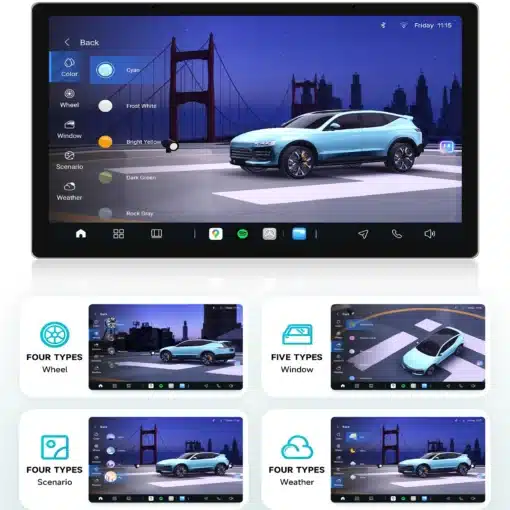 Android multimeediakeskus Renault Clio 3-le | E-pood Tootemaailm Android multimeediakeskus Renault Clio 3-le näitab suurel ekraanil sinise auto virtuaalset mudelit koos erinevate kohandamisvõimalustega nagu värv, rattad ja aknad, taustal linnasiluett.