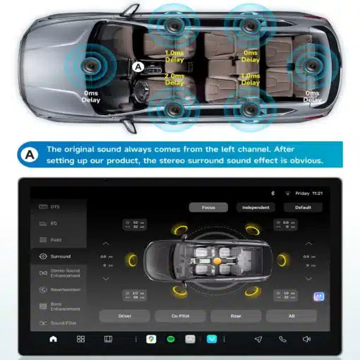 Android multimeediakeskus Renault Clio 3-le | E-pood Tootemaailm Android multimeediakeskus Renault Clio 3-le, kuvab auto heliseadete ja kõlarite viiteaegade reguleerimist hõbedases sõidukis tipptasemel graafilise liidesega ekraanil.