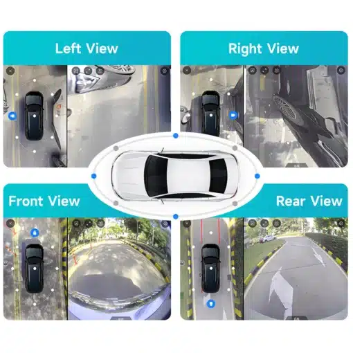 Android multimeediakeskus Renault Clio 3-le | E-pood Tootemaailm Pilt, mis näitab Renault Clio 3 Android multimeediakeskuse ekraani mitut vaadet, sealhulgas vasak, parem, ees ja tagant vaatet. Ekraan on jagatud neljaks osaks, igaüks erineva kaameranurga ja pildiga, et pakkuda täielikku vaadet auto ümbrusest.