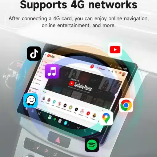 Android multimeediakeskus Renault Clio 3-le | E-pood Tootemaailm Android multimeediakeskus Renault Clio 3-le kuvatakse auto armatuurlaual, ekraanil näha YouTube Music ja erinevad rakendused, nagu TikTok ja Chrome, viidates 4G võrgu toele.