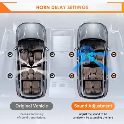 Pilt kahest pealtvaates autost, kus vasakul on näidatud heli viivituse probleem ja paremal heli kohandamine Android autoraadioga Mitsubishi ASX-le: CarPlay, GPS, 4G, 2DIN.